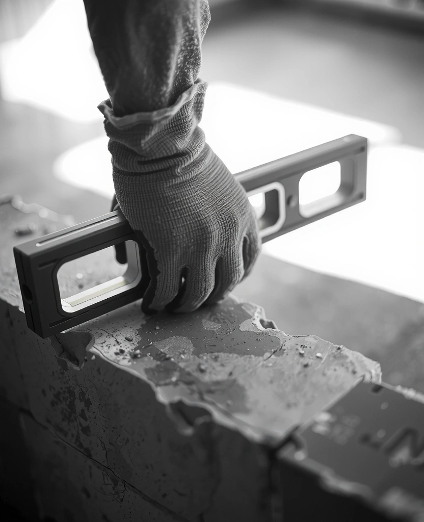 Detail ruky s nivelačním přístrojem na betonu